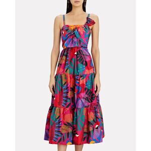 FARM Rio Womens Multi Macaw Bow Top Front Tiered Midi Dress Size L NWOT